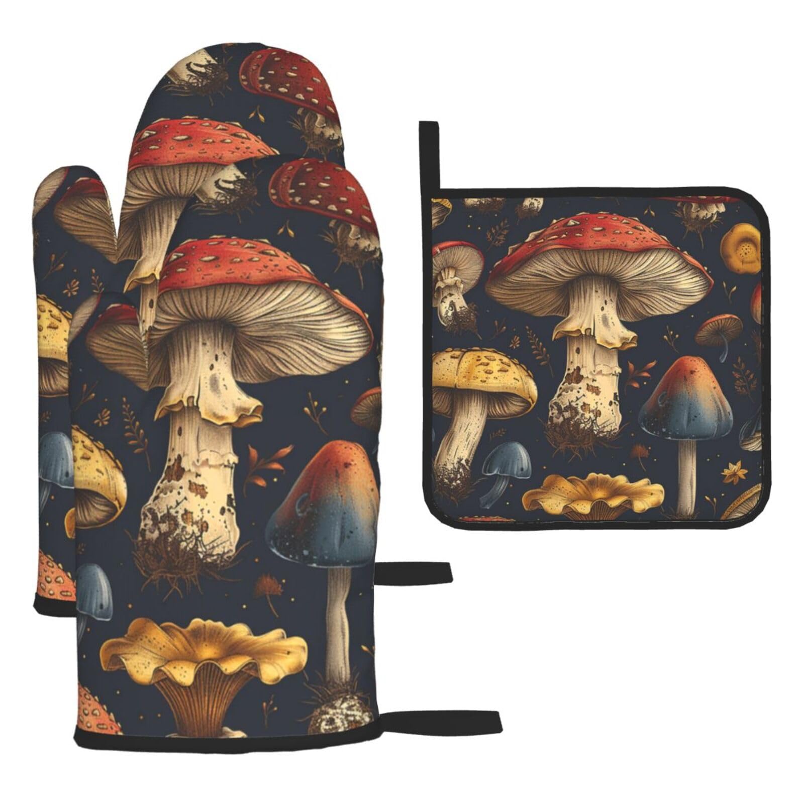 Oven Mitts and Pot Holders Sets of 3 Heat Resistant Kitchen Gloves Mushroom Oven Mitts BBQ Gloves Oven Gloves and Hot Pads Non-Slip Potholders for Kitchen Baking Cooking