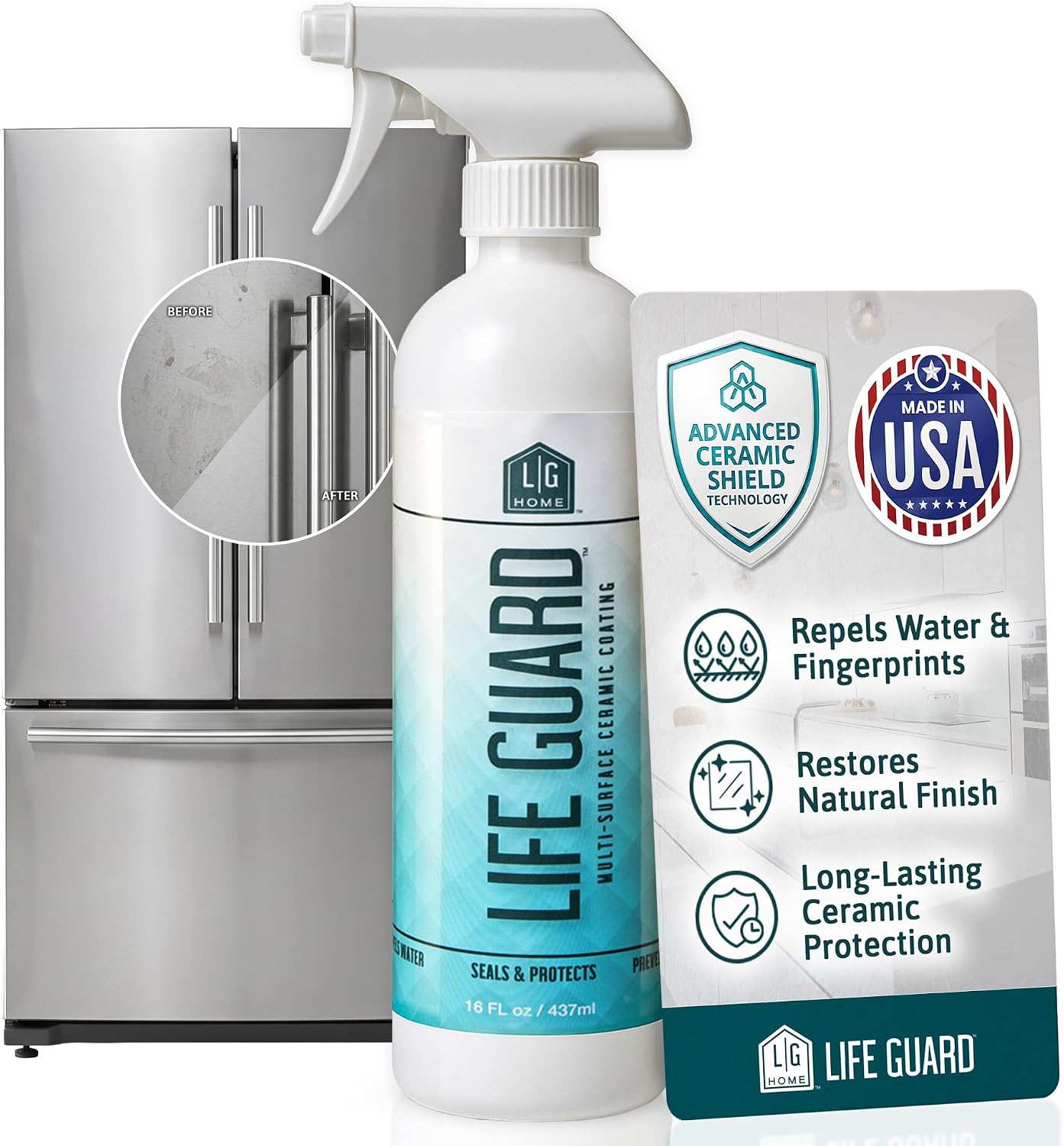 LifeGuard Home Ceramic Coating Spray – Hydrophobic Ceramic Coating for Kitchen & Bath – Repels Water, Fingerprints, Dirt & Grime – Protects Stainless Steel, Glass, Sinks & Countertops – Made in USA