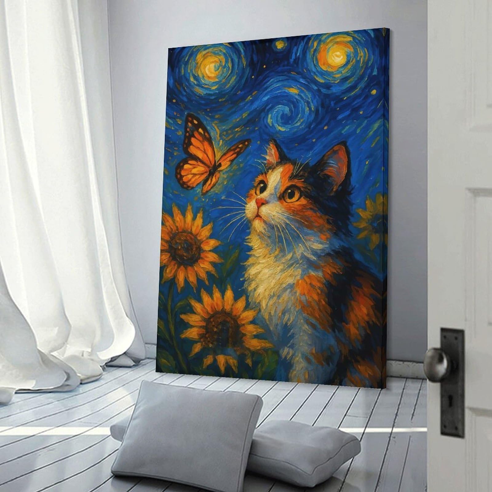 Junmoney Cat Butterfly Starry Night Canvas Wall Decor, 16x24inch(40x60cm), for Gallery Wall Decor And Room Displays, Wall Decor Suited to Curated Displays