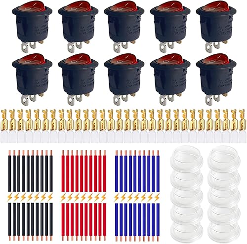 Miniatura 17 de Ampper - Interruptores basculantes redondos impermeables de 12 V y 20 A, CC de 3 pines, 0.787 in, iluminados en apagado, con cables y terminales Rojo