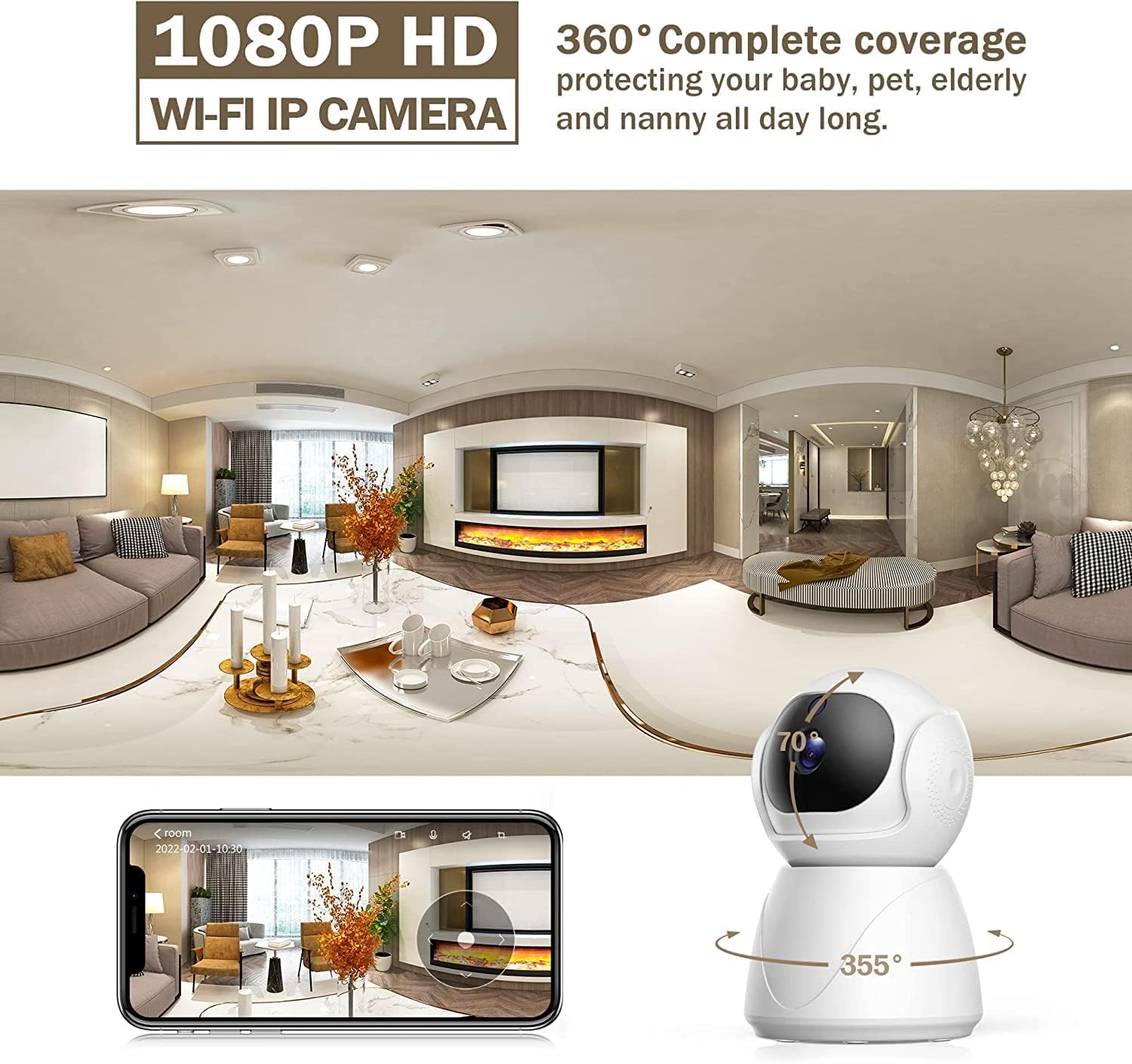 Menggood camera showing 360 degree coverage of a room, with 355 degree horizontal and 70 degree vertical rotation indicated.