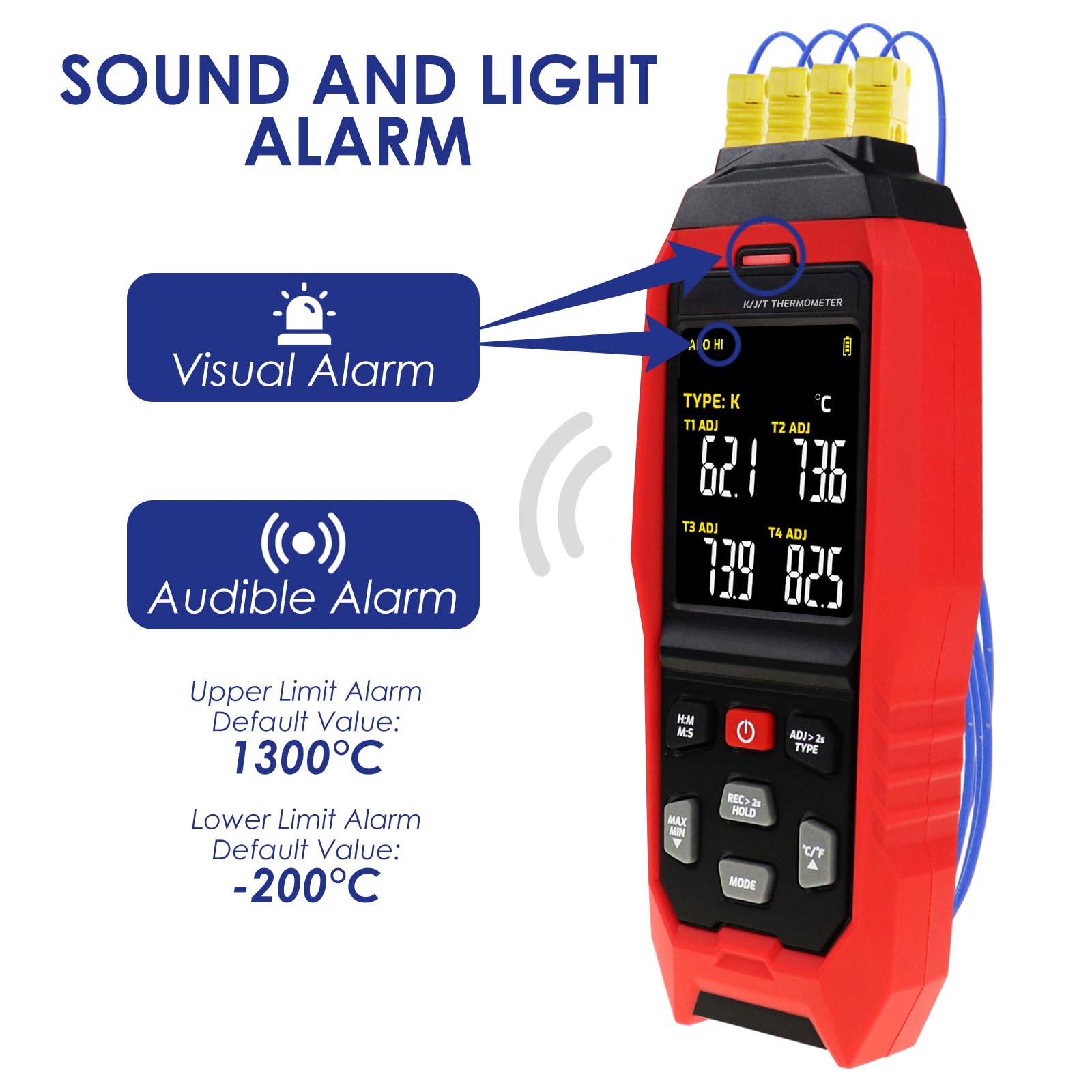 DataLogger 4-K Thermoelement-Thermometer Typ K/J/T Digitales Thermometer mit 5000 Gruppen von programmierbaren Temperaturdaten, die im Bereich von -328 ~ 1370 °C aufzeichnen