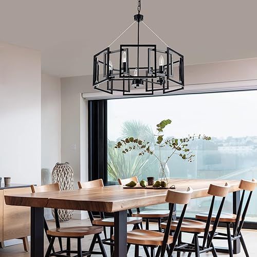 Miniatura 3 de Lámpara de araña de estilo industrial, con acabado negro mate, pantalla geométrica, lámpara colgante para comedor, sala de estar, cocina, isla