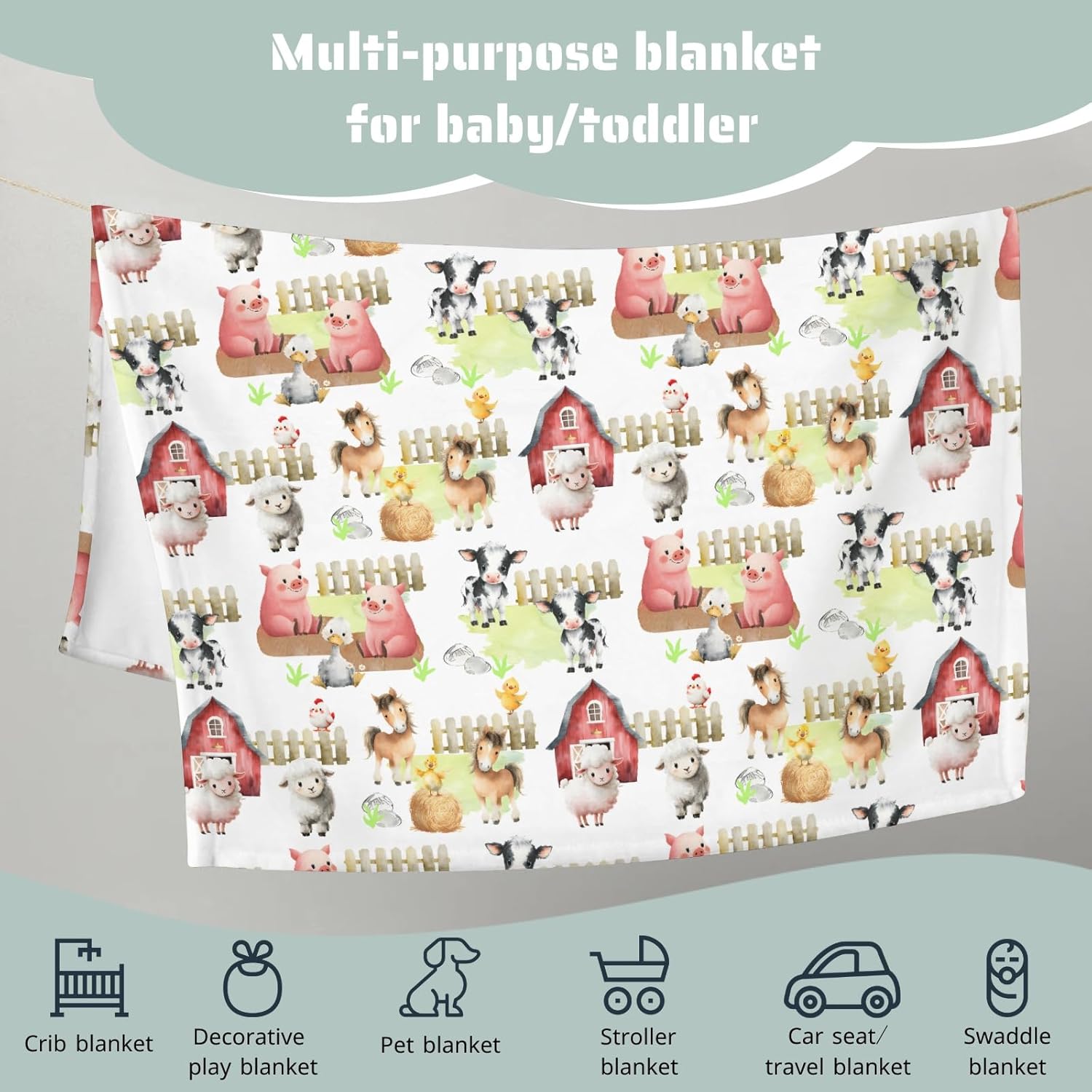 HawSkgFub Farm Life Barn Animal Baby Blankets Boy Girl Shower Gift Neutral, Cow Horse Sheep Flannel Fleece Nursery Bed Receiving Swaddle, Soft Lightweight Newborn Infant Toddler Kid Crib Bedding 50x60