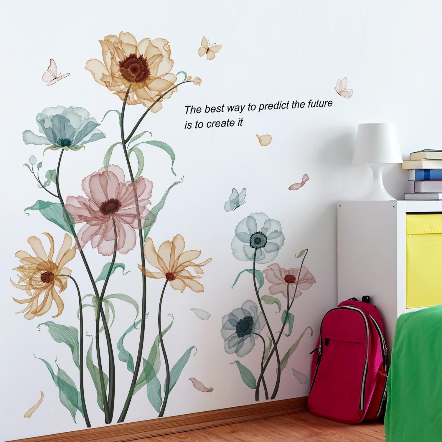 Boho Flower Wall Decals for Girls Poppy Peony Flower Plants Wall Stickers Peel and Stick Vintage Floral Wall Murals Art for Bedroom Living Room Nursery Classroom Wall Decor 69011-YG-A