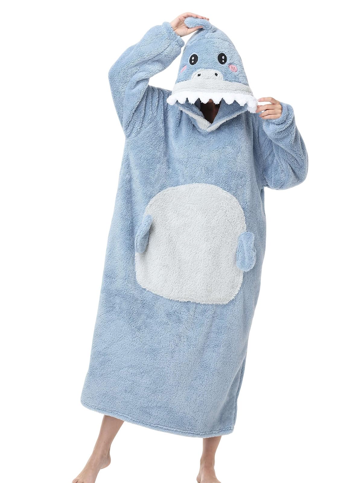LATH.PIN Oversized Adult Wearable Blanket Hoodie – Long Plush Fleece Pullover Sweatshirt with Cute Animal Hood