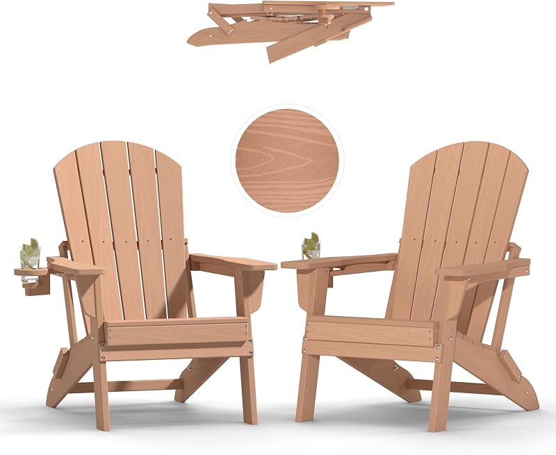 HDPE Folding Adirondack Chair Set of 2 with Cup Holder, Teak | SGS Tested, Wooden Textured, Heavy All-Weather HDPE Comfortable Set, Poolside Backyard Lawn Use