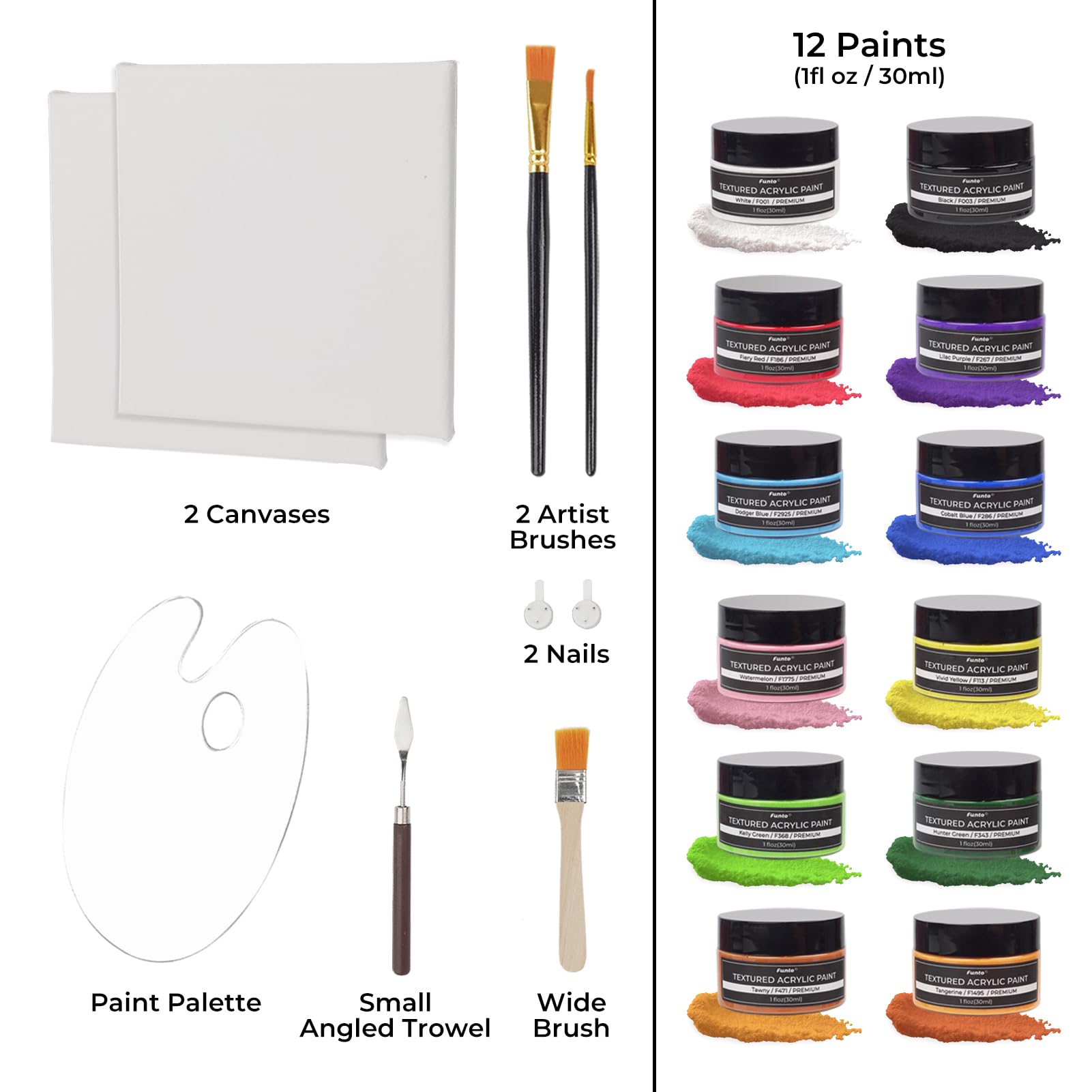 Funto kit de pintura acrílica texturizada,12 colores vibrantes con herramientas y lienzos. Perfecto para manualidades y arte, apto para todos los niveles. Suministros seguros y no tóxicos.