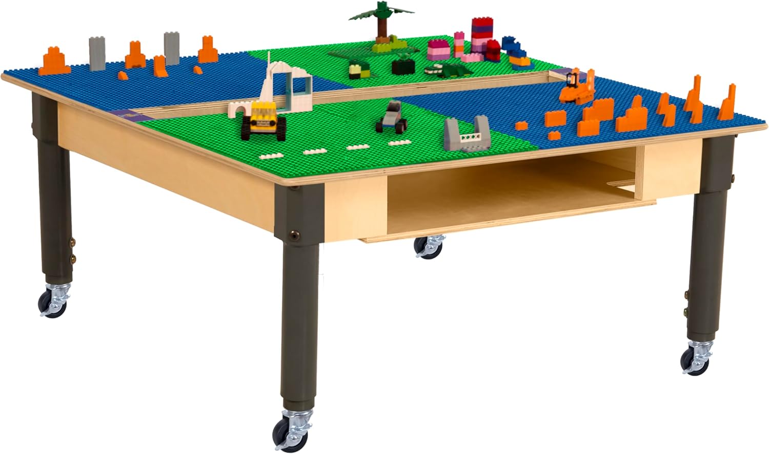 Time-2-Play 35" Square Blue & Green Montessori Birch Plywood School Activity Lego Compatible Table with Wheels, Trough & Shelf for Kids with 12”-17” Adjustable Legs [Rolling Casters Included]