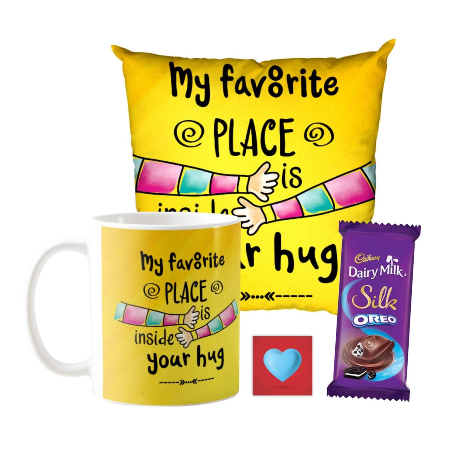 YaYa cafe Valentine Gifts Combo for Husband Wife Girlfriend Boyfriend Mug, Cushion Cover, 1 Dairy Milk Silk Oreo Chocolates (60 gm) My Favourite Place is Inside Your Hug, with Coaster-image-33