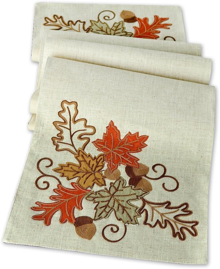 Inspired Treasure 72" Table Runner Embroidered Leaves, Fall Autumn Thanksgiving Harvest