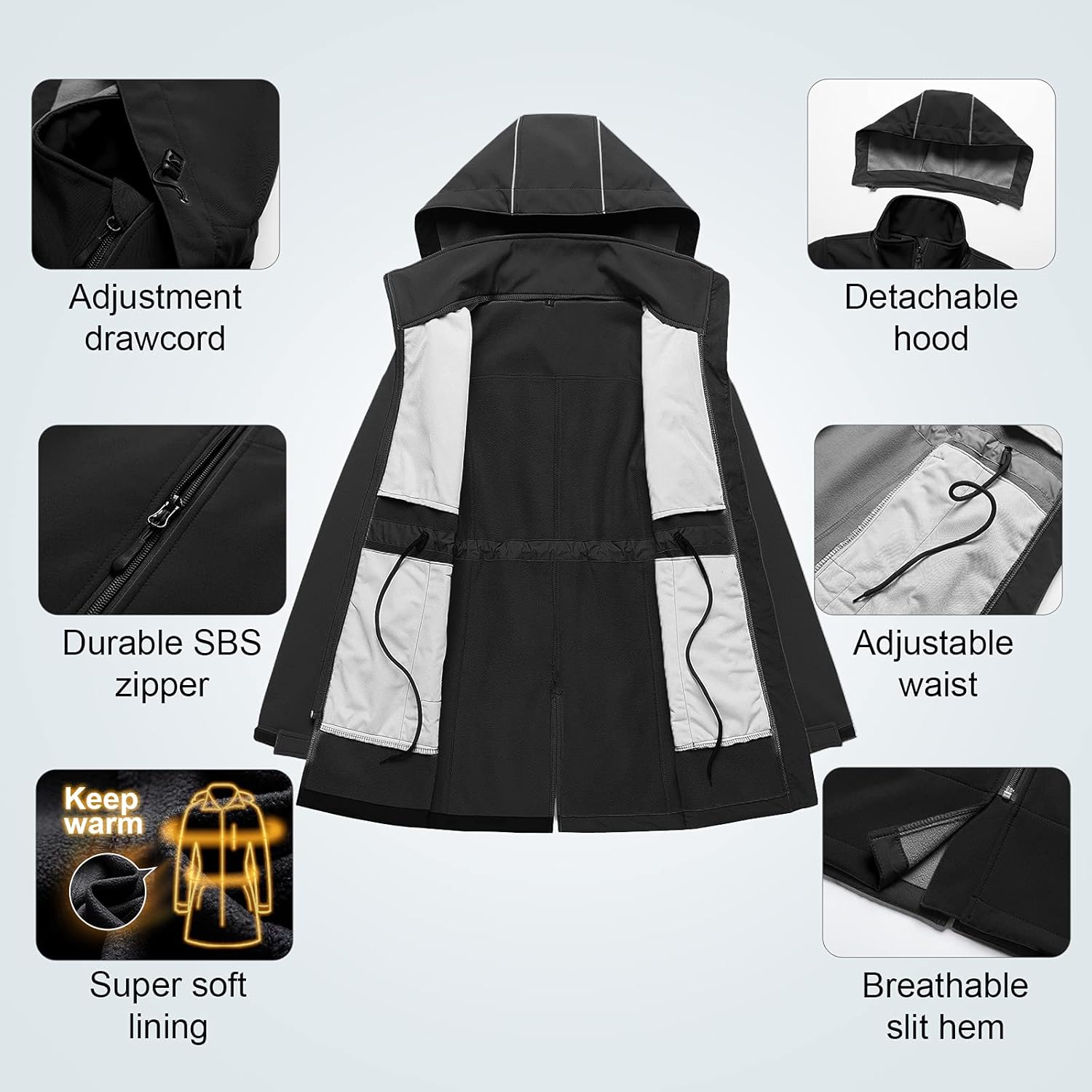 CREATMO US Women's Lightweight Waterproof Long Softshell Tactical Jacket Fleece Lined Windbreaker - Image 5