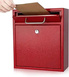 KYODOLED Steel Key Lock Mail Boxes Outdoor,Locking Wall Mount Mailbox,Security Key Drop Box,12H x 10.51L x 4.68W Inches,Red Large