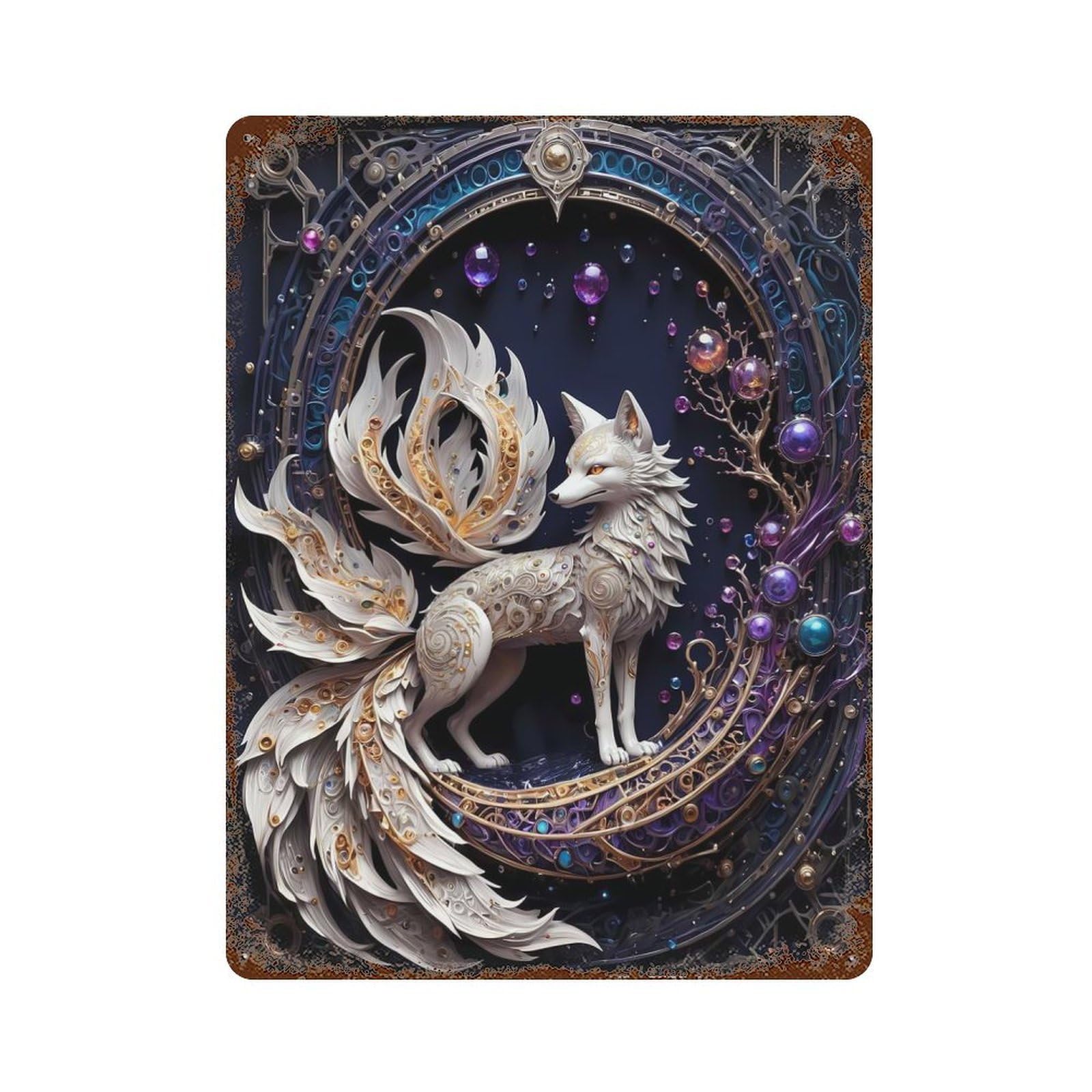 Fantasy Nine Tailed Fox Rust Effect Tin Sign 15.7"x11.8", Decorative Metal Wall Art for Living Room, Hallway And Home Decor