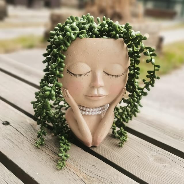 Luyi-Life Head Planter Pot Face Flower Pot Girl Closed Eyes Succulent Planter Cute Resin Cactus Planter with Drainage Hole Indoor Outdoor Planter Pot for Home Office Decoration