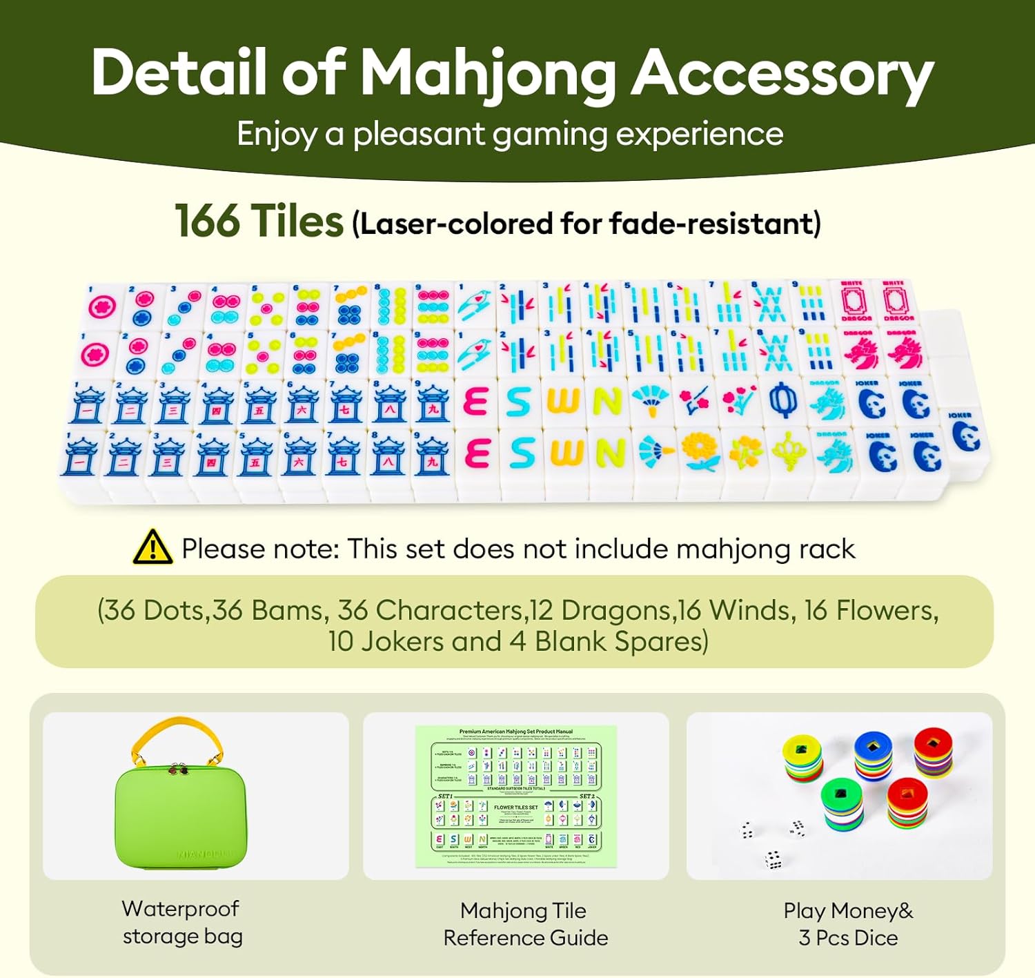 American Mahjong Tiles (1.2” Tiles Only), 166 Quality White Engraved Tiles, 1.2 inch Mahjong Tiles Set with Carrying Bag/Dice/Chips, Creative Design Patterns, Ideal Mahjong Gifts (No Rack)