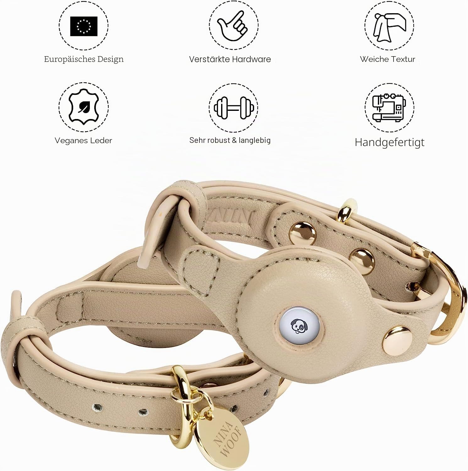 Nina Woof Cupertino Hundehalsband aus veganem Leder, gepolstert und verstellbar mit Tracker-Halterung, Beige, Größe M (Hals 38-48 cm)