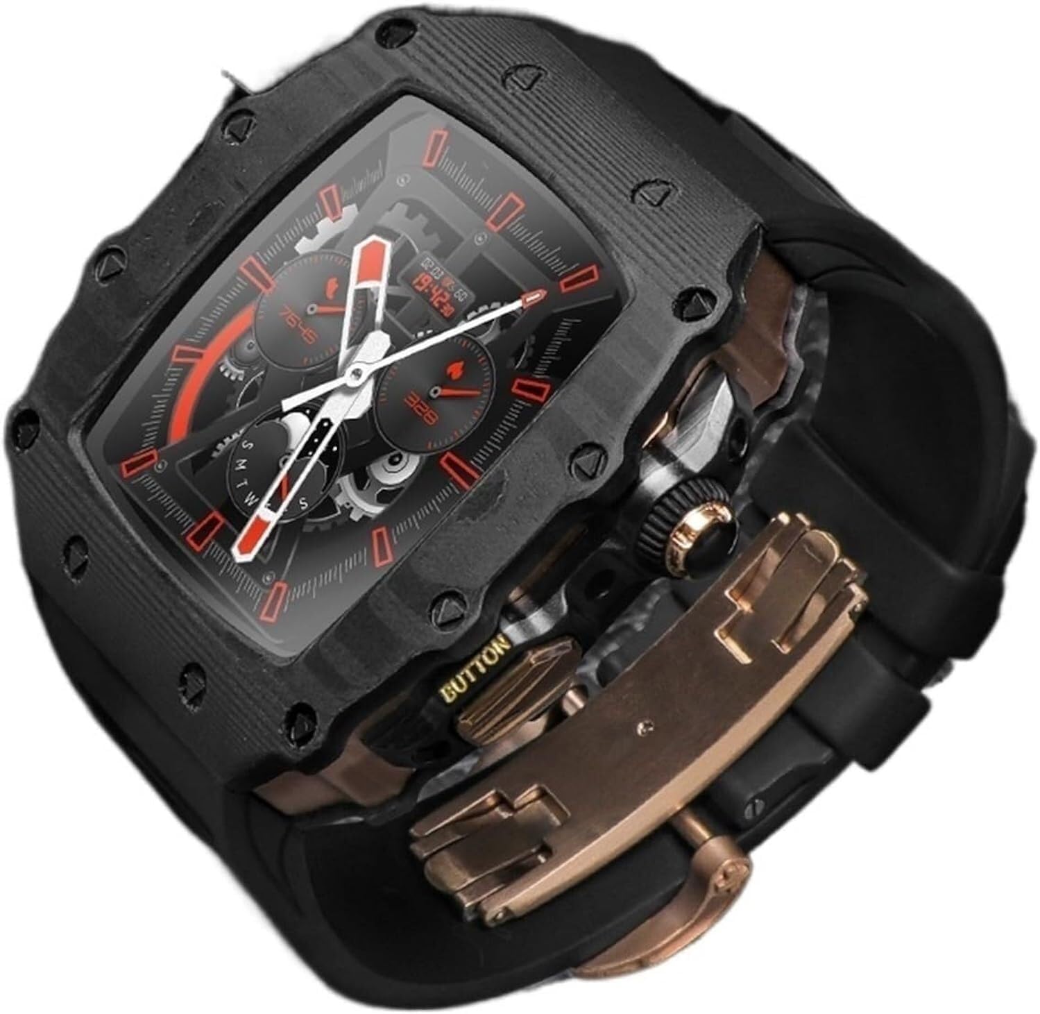 Luxury Carbon Fiber Watch Case+Fluororubber Rubber Watch Strap Modification Kit，For Apple Watch 44MM 45MM，Sport Watch Band And Watch Case Mod Kit，For Iwatch Series 8 7 6 SE 5 4