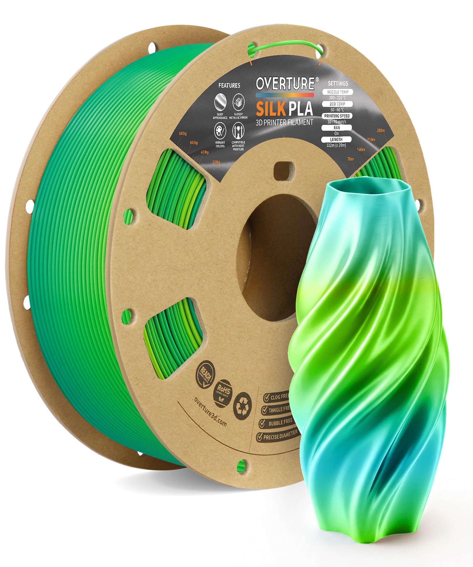 OVERTURE Rainbow Silk PLA Filament for 3D Printer, Shiny PLA Filament 1.75mm 1kg, Cardboard Spool (Silk Pink) Global Recycled Standard Global Recycled Standard Global Recycled Standard
