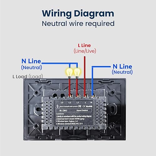 Miniatura 6 de Interruptor de luz táctil inteligente WiFi, interruptor de pared de 2 botones de una sola banda, 110-220V 50/60Hz, requiere cable neutro, 2.4GHz
