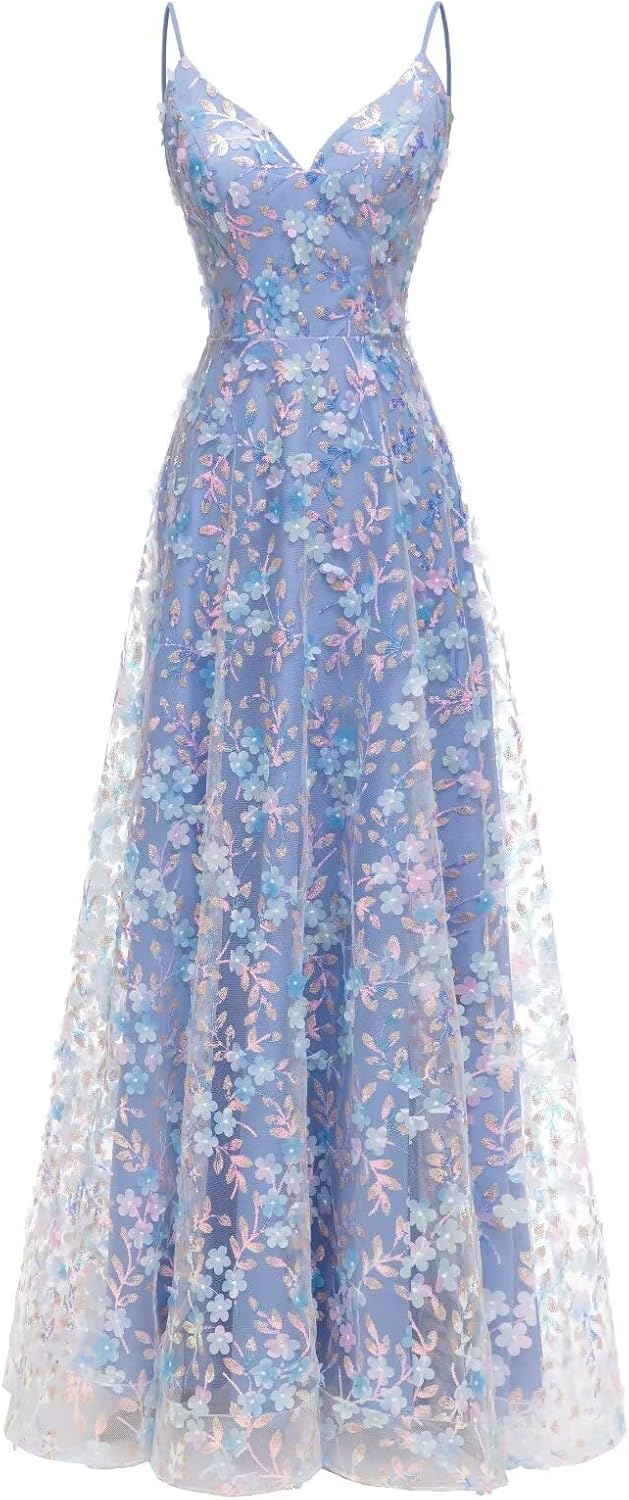 Women's Spaghetti Straps Sequins Prom Dress A Line V Neck Flower Tulle Long Formal Dress for Party SF02