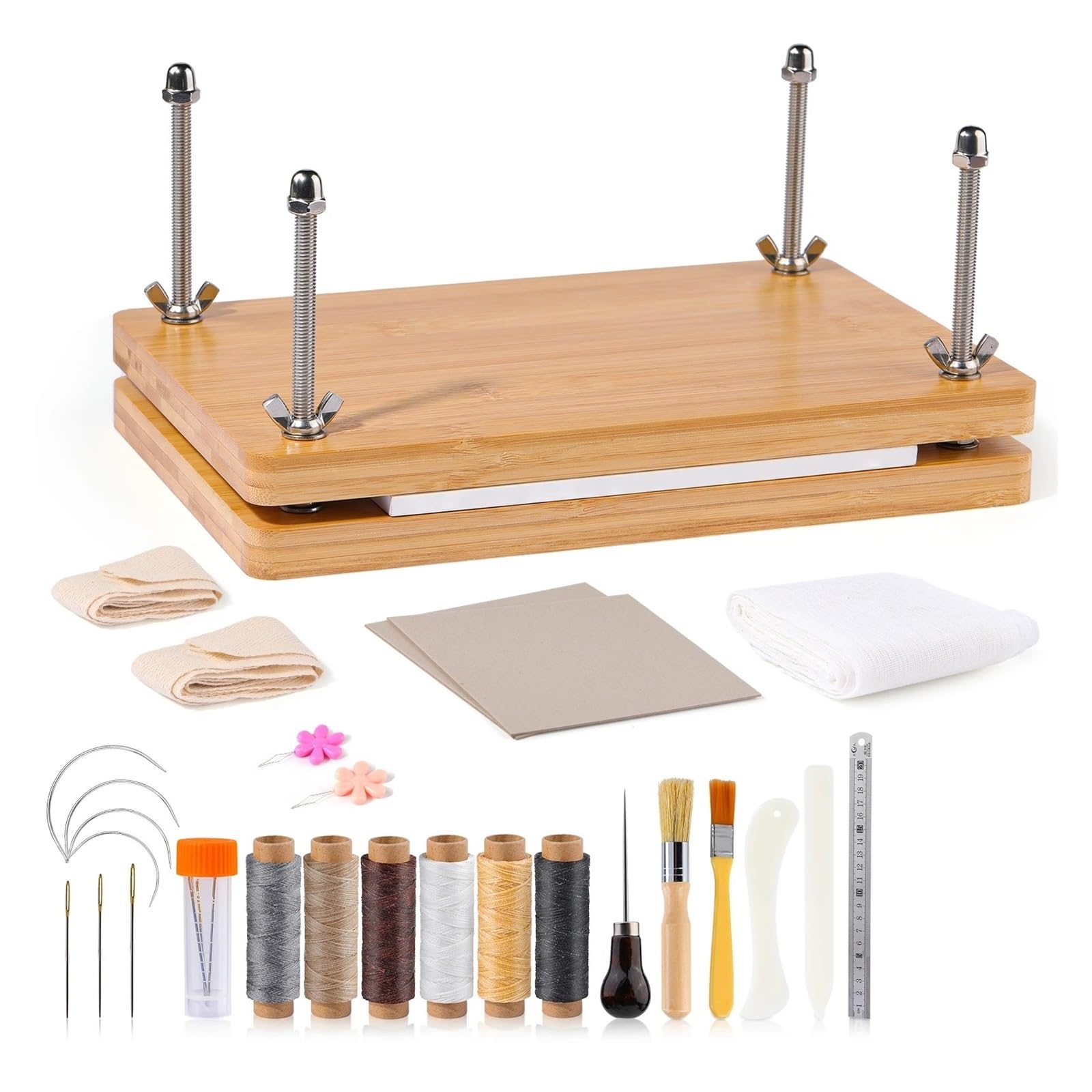 SUBLXPoten Flower Pressing Kit Bookbinding Plastic Bone Folder Creaser Waxed Thread Tools Set with Portable Binding Press Machine of Paulownia Wood(Type 2)