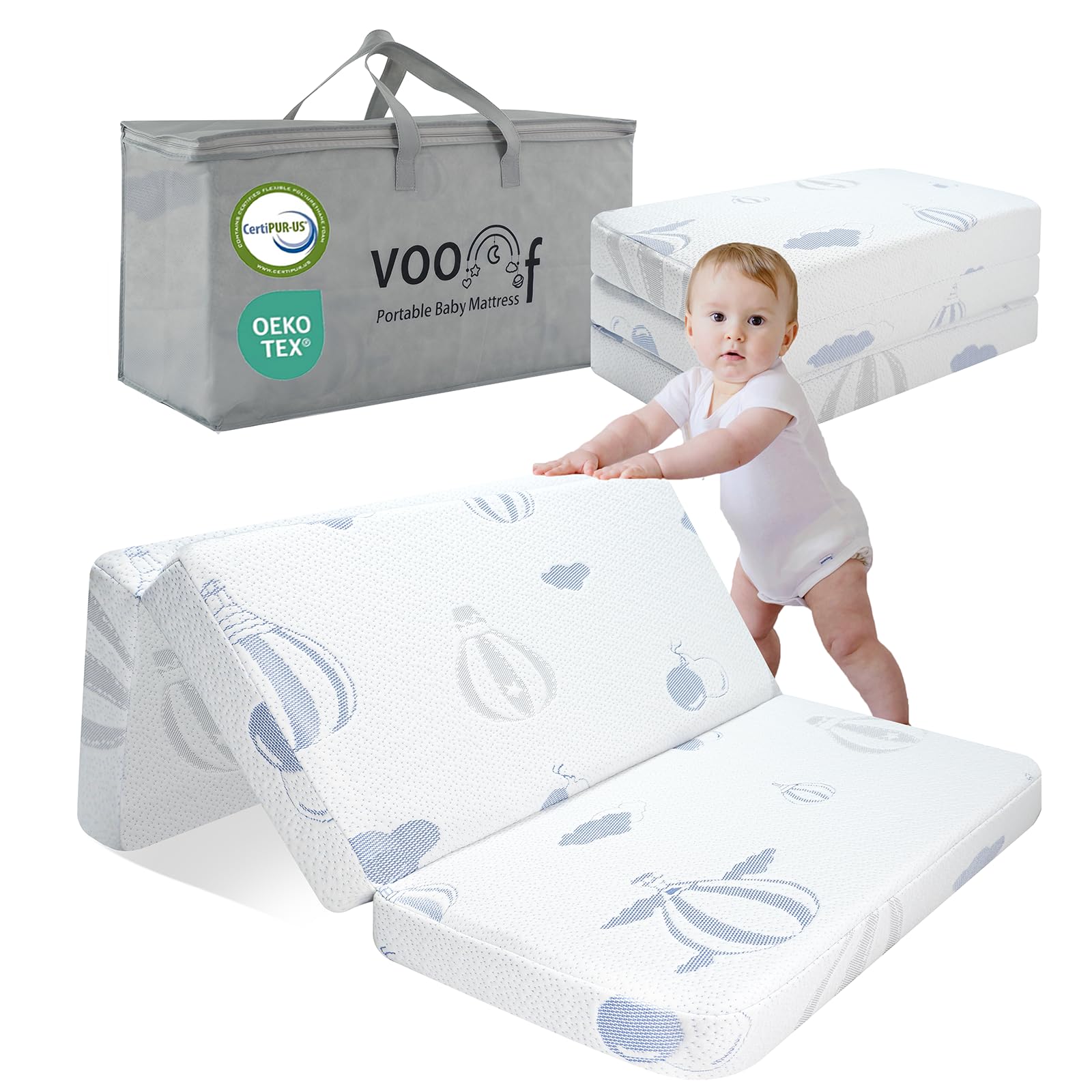 voomf Trifold Pack and Play Mattress - 38"x26" Pack N Play Mattresses Pad with Breathable Removable Cover - High Density Foam Foldable Portable Baby
