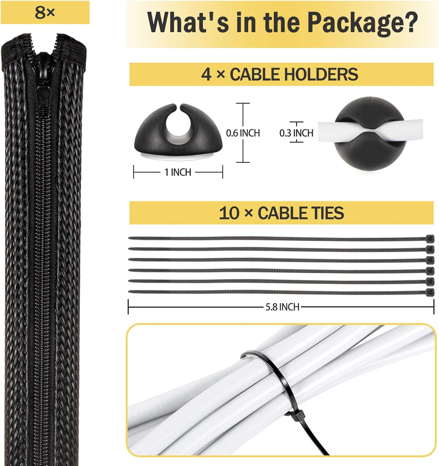 157" Cable Management Sleeves - Yecaye Cord Organizer Zipper Sleeves - Durable PET Wire Wrap Cover Cord Protectors - Flexible Cable Organizer Sleeves for TV Computer Office -Cord Management - 8 Pack : Electronics