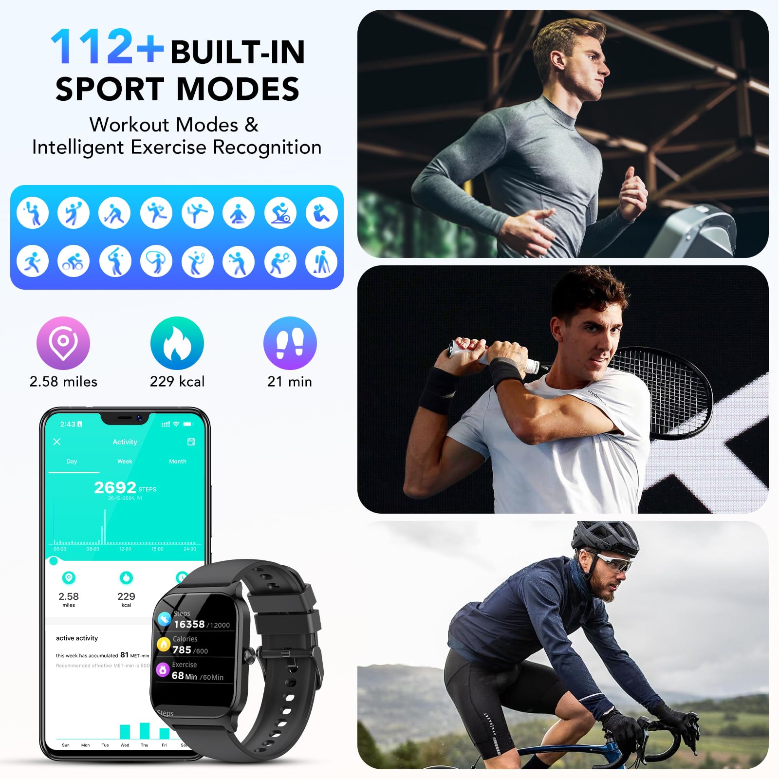 Smart Watch for Men Women, 1.85" HD Fitness Tracker with Bluetooth Calls/Messages, IP68 Waterproof, 115+Modes, 24/7 Heart Rate/Sleep Fitness Watch, iOS/Android - Grigio Scuro
