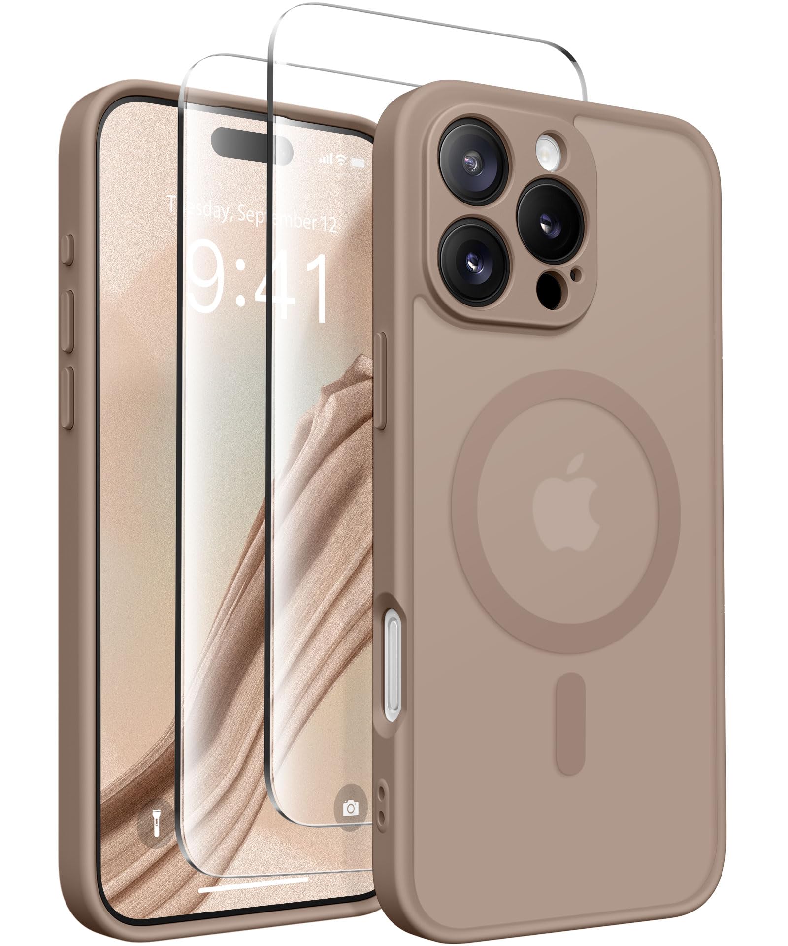 CAPRARO Magnetic Compatible with iPhone 16 Pro Case, Upgraded [Full Camera Protection] [Compatible with MagSafe] Protective Translucent Matte Women Girl Phone Case Cover, Withered Brown