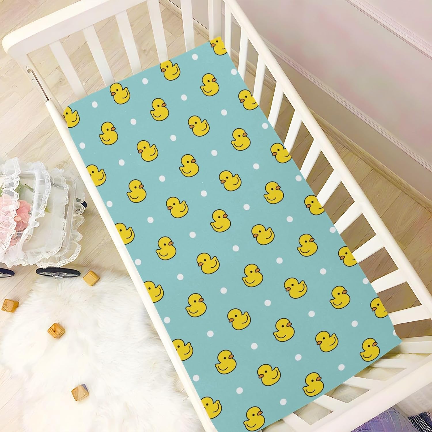 Cute Duck Crib Sheets Yellow Rubber Ducks Design Mattress Cover Funny Colorful Dots Blue Unisex Toddler Baby Bed Sheets Fitted Standard Crib Sheets for Boys Girl 28x52 Inch