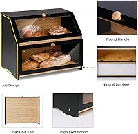 Vista 4 de HOMEKOKO Panera grande de doble capa para encimera de cocina, contenedor de almacenamiento de pan de madera de gran capacidad (negro)