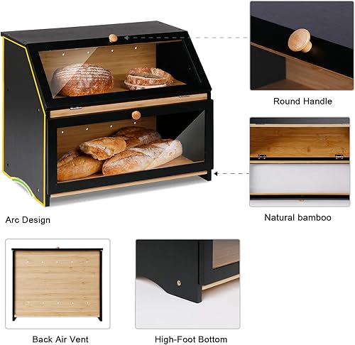 Miniatura 4 de HOMEKOKO Panera grande de doble capa para encimera de cocina, contenedor de almacenamiento de pan de madera de gran capacidad (negro) Negro
