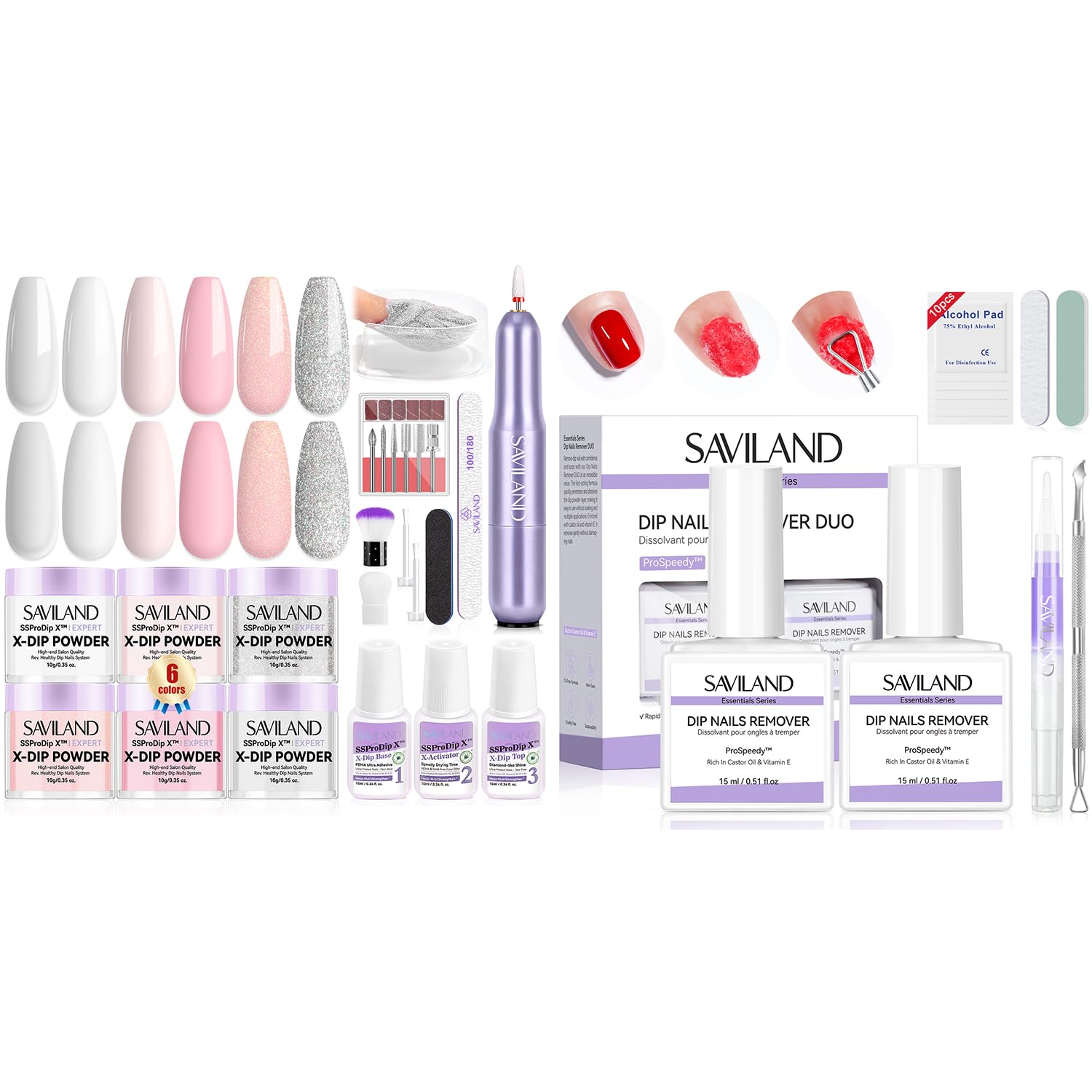SAVILAND 2Pcs 15ml Essentials Dip Nail Remover Kit & Dip Nails Powder Starter Kit 6 Color with Pink Nude Glitter Clear