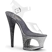 Pleaser - 7" Heel, 2 3/4" Cut-Out PF Ankle Strap Sandal - 5 - Clr/SLV-Blk Ombre, Opens in a new tab