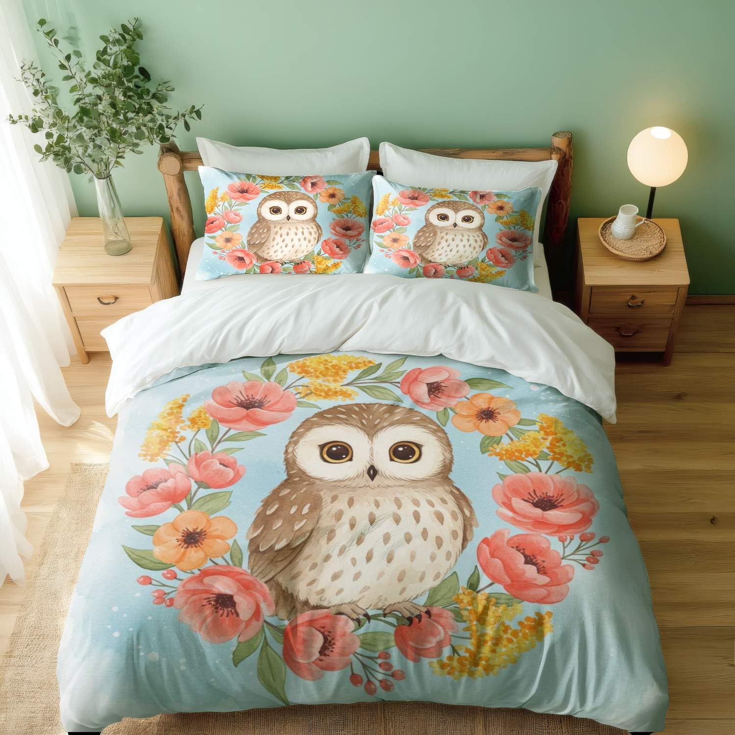 Housse de couette respirante anti-transpiration pour lit double enfant hibou