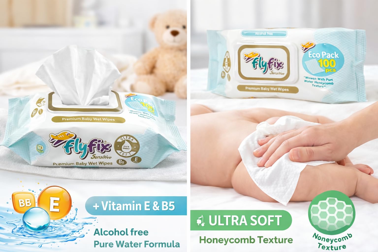 Fly-Fix Sensitive Premium Baby Wet Wipes, 100 Count, Alcohol-Free - Image 2