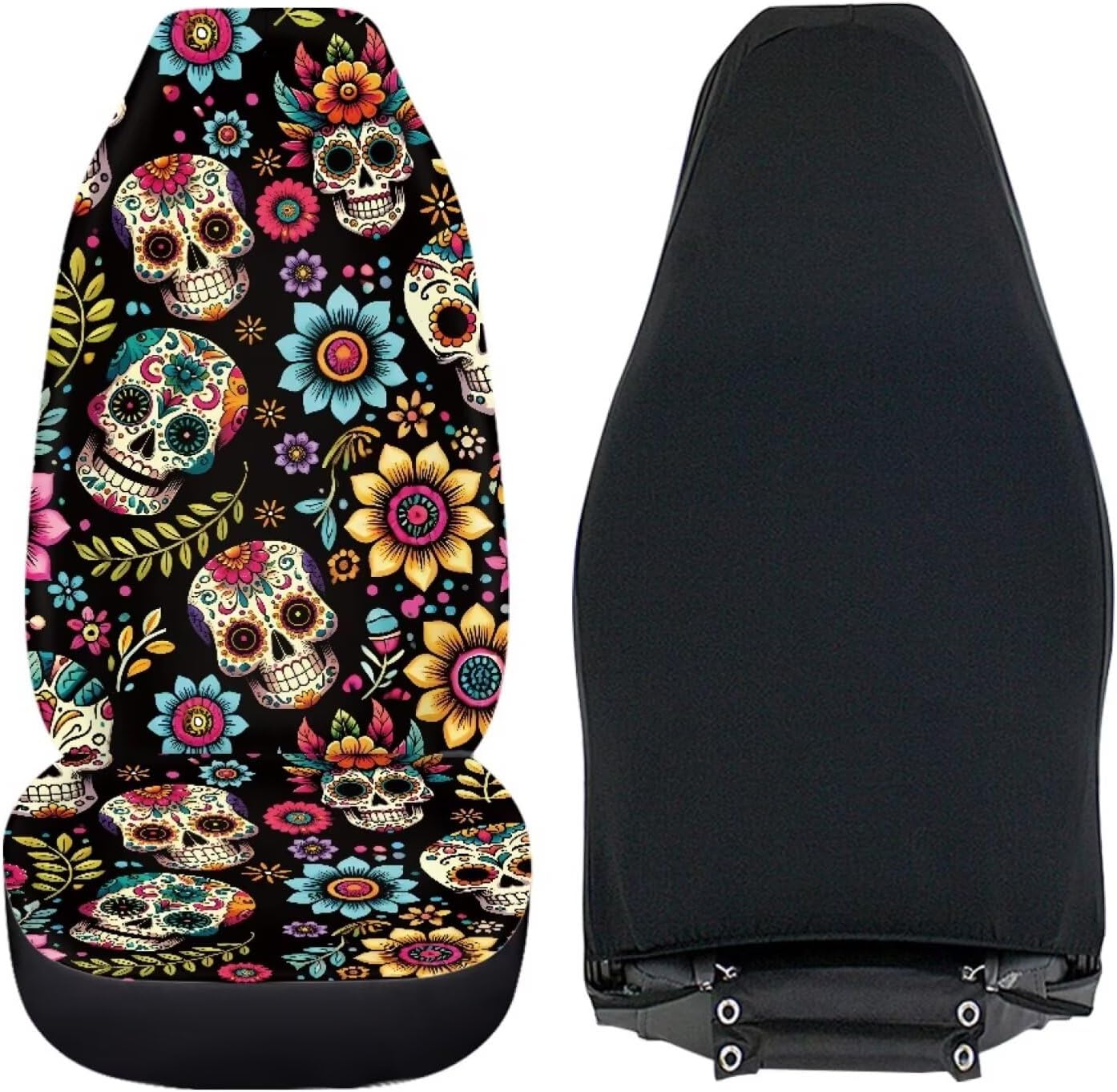 Skull Skeleton Car Seat Covers Set of 2 Pcs Hippie Skull Floral Car Accessories for Women Men Universal Auto Front Seat Protector Stretchy Driver Seat Covers Blanket Travel Pet Rug
