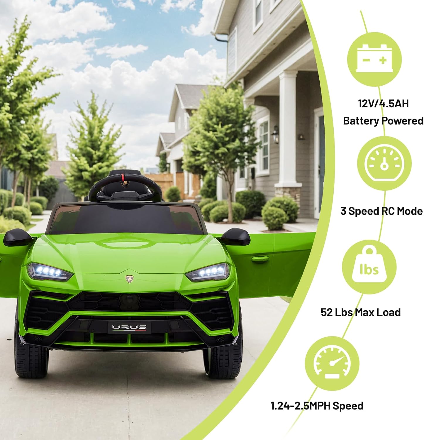 12V Kids Ride On Car Licensed Lamborghini Urus Electric Car for Kids Vehicle Toy/Parent Remote Control, USB Port, AUX, Spring Suspension, Opening Door, LED Light (Green)