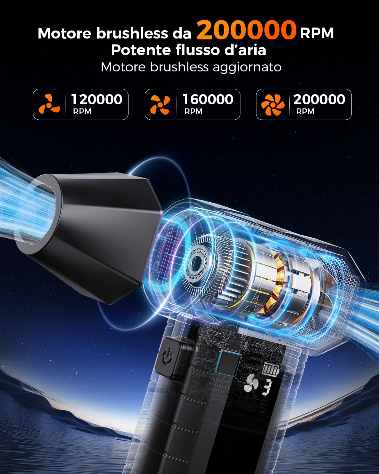Soffiatore a Batteria – Mini Soffiatore Aria Compressa 200.000 giri/min, 10.500 mAh, per Pulizia PC & Tastiera, LED, Display Intelligente, Ricarica USB-C