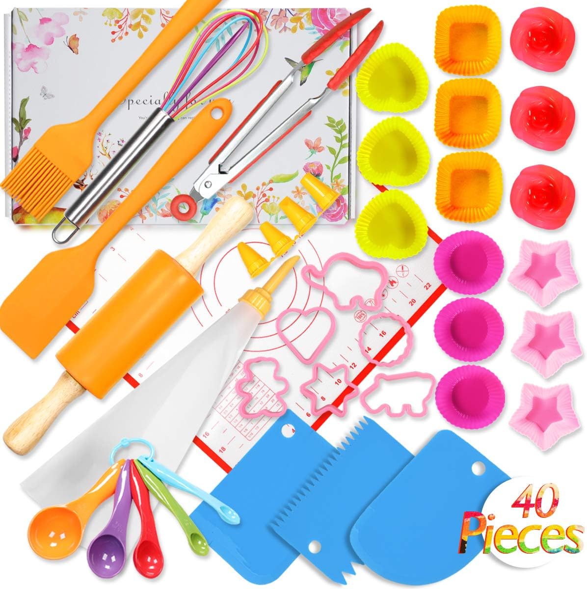 Kids Cooking and Baking Set 40 Pcs with Gift Box, Real Kitchen Utensils Kit for Children Toddlers Teens, Gift for Girls&Boys, Nonstick Rolling Pin Silicone Pastry Mat Cupcake Molds