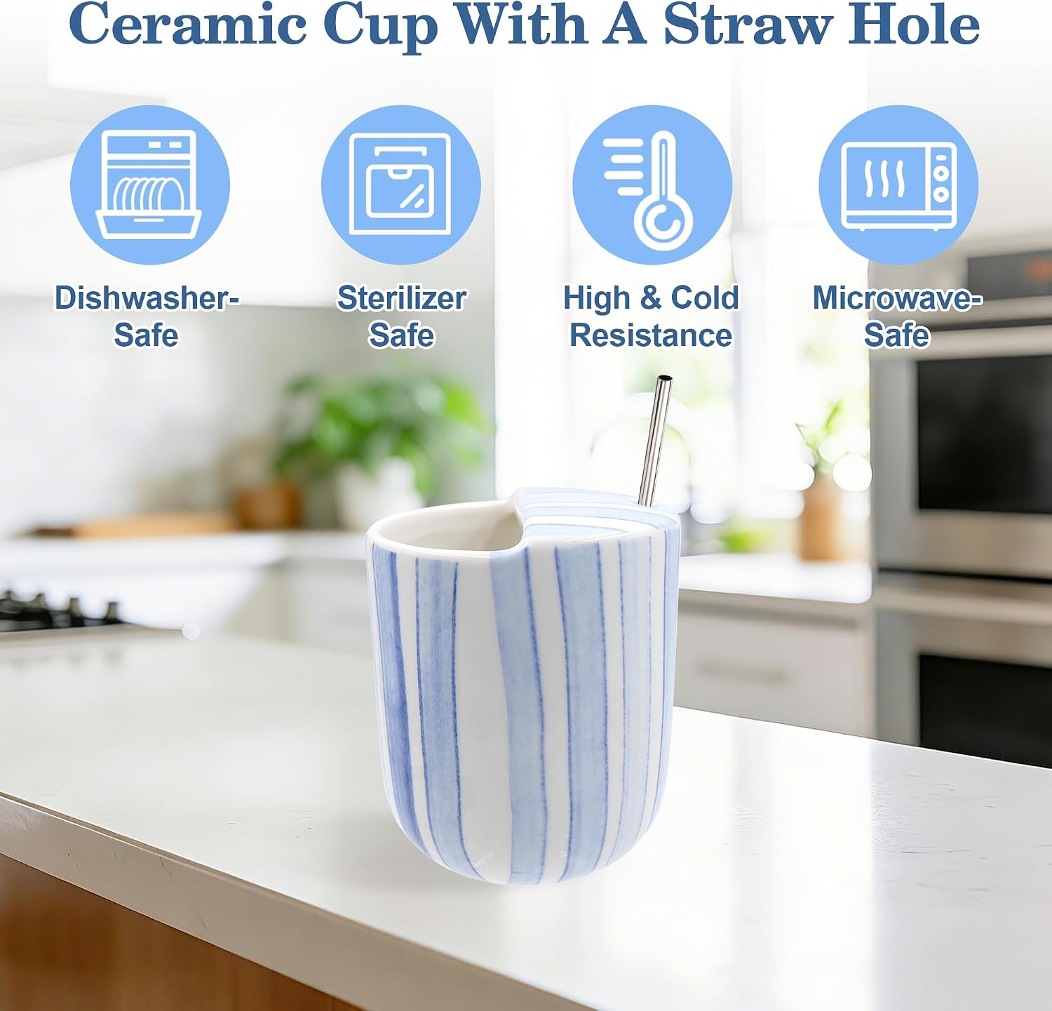 Ceramic Travel Coffee Mug with Sip Hole 12oz Cute Coffee Mug with Retro Striped Design, Hand-Painted, Heat-Resistant, Non-Slip Ceramic Coffee Mugs for Espresso, Milk, Juice (1 Pcs)