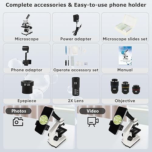 Miniatura 6 de Microscopio para adultos profesional Microscopio compuesto para niños 8-12,100X-2000X Kit de microscopio para niños con portaobjetos y cubiertas de