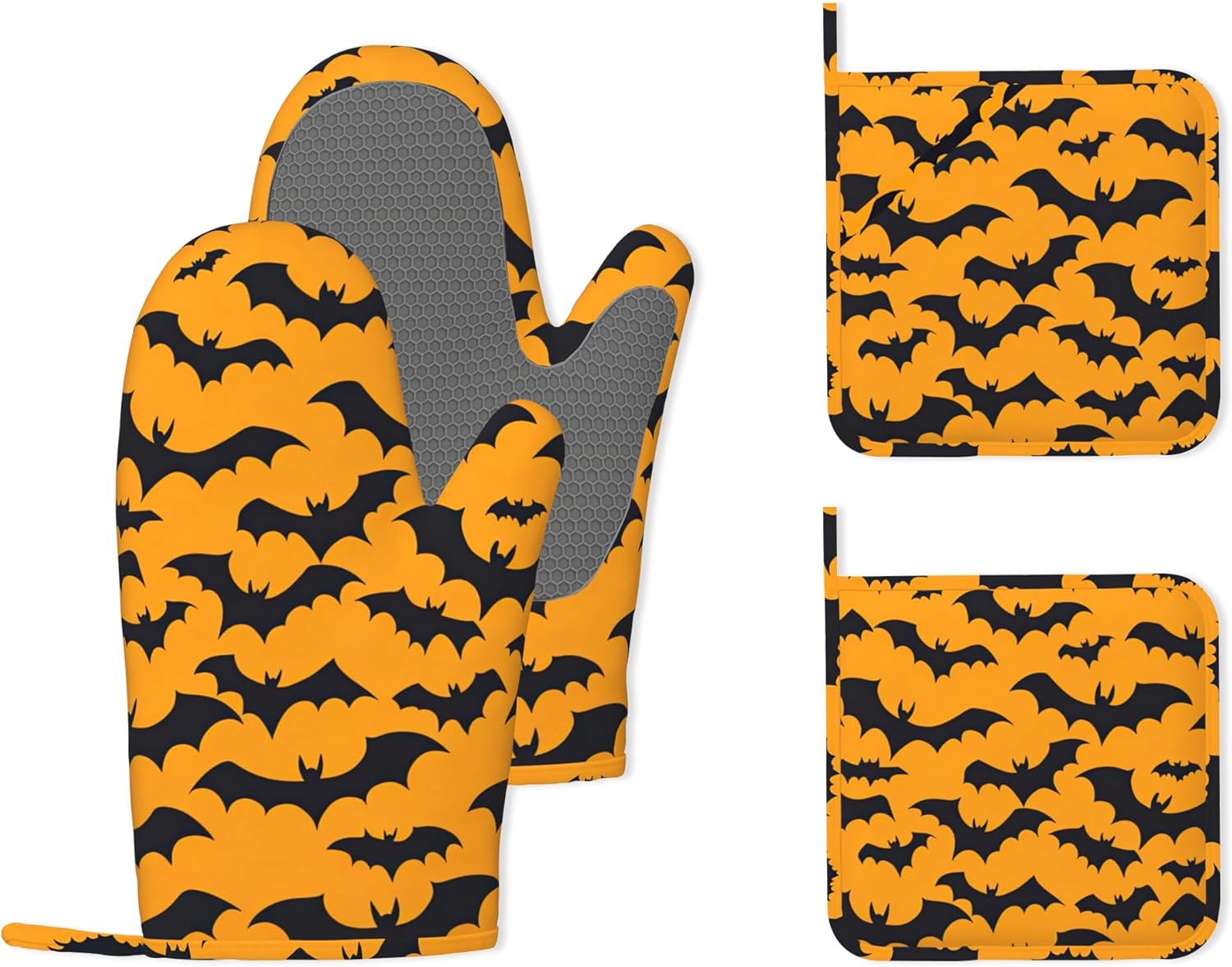 Halloween Bat Heat-Resistant Silicone Oven Mitts and Pot Holders 4 Piece Set,Extra Long Non-Slip Kitchen Oven Gloves for Cooking, Baking, BBQ,Grilling