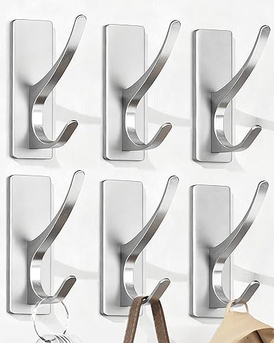 Miniatura 19 de Paquete de 4 ganchos autoadhesivos para colgar abrigos, dobles, de acero inoxidable, resistentes, para toallas, mochilas y sombreros, para baño,