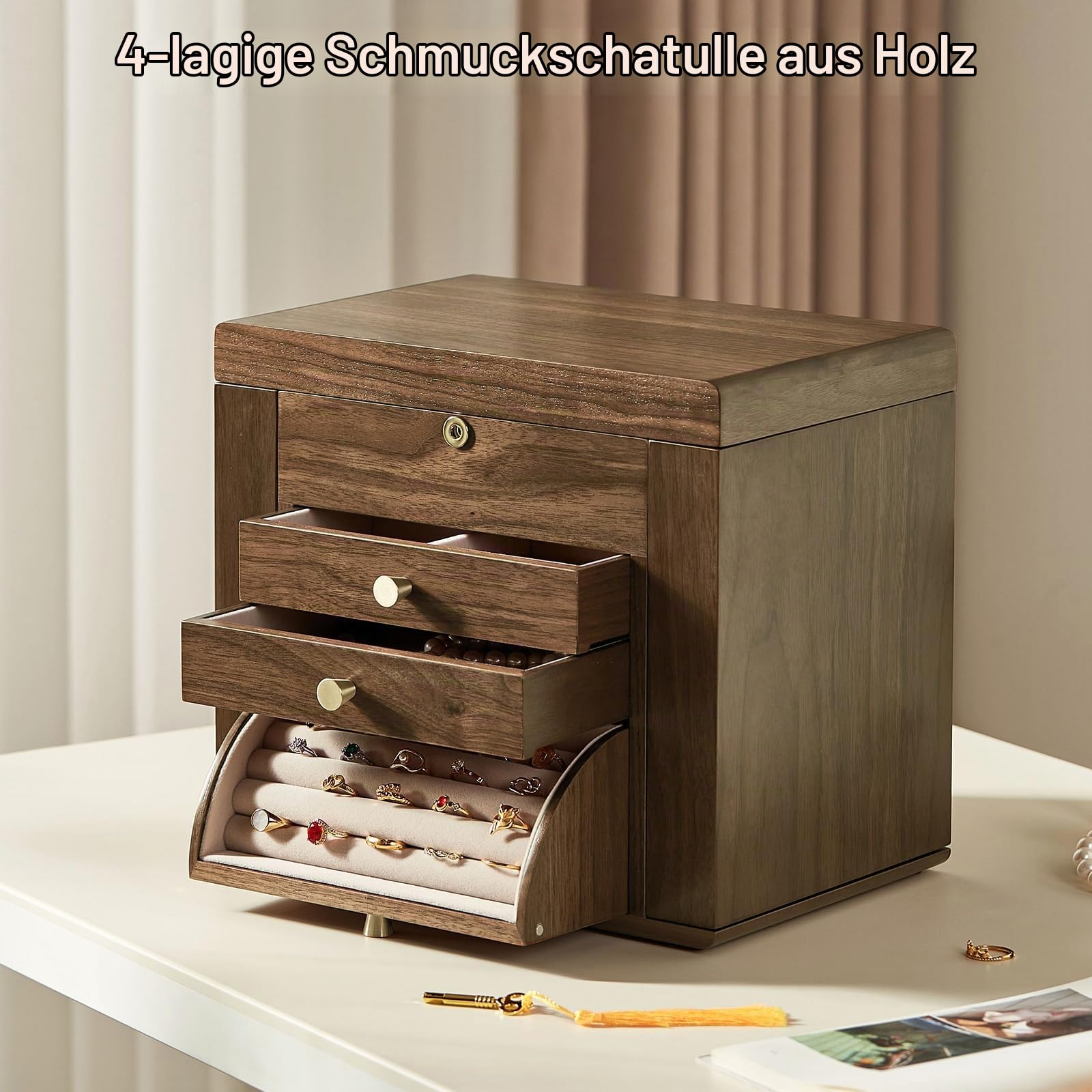 Vintage Schmuckkästchen aus Holz 4 Ebenen Schmuckaufbewahrung Schmuckkasten Groß Schmuckschatulle Massivholz 3 Schubladen Schmuckbox mit Spiegel für Damen Schmuck Ringe Ketten Armbänder