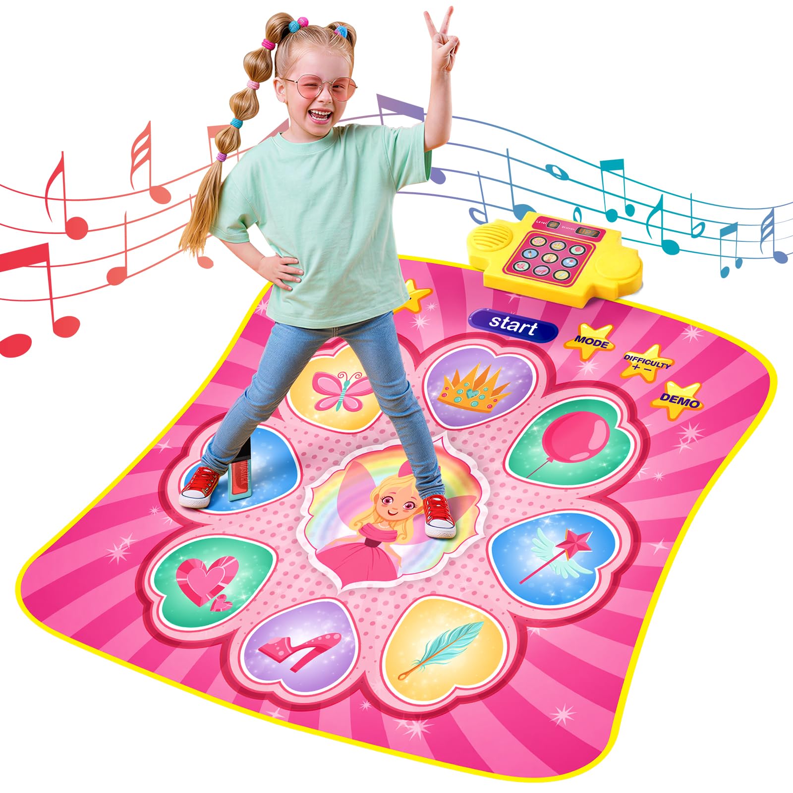 YESHIN Tapis de Danse Enfant 9 Touches avec Musique et Lumières LED, 3 Modes de Jeu, 8 Chansons & 7 Volumes, Grandes Touches Sensibles, Jeu Musical Interactif Cadeau Fille 3–12 Ans (Rose)