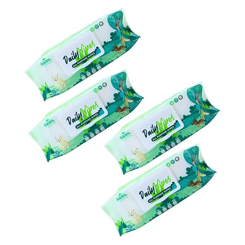 Basil Royal Yet Noble Daily Pet Wipes | Wet Wipes for Dogs, Cats, Puppies & All Pets | Enriched with Castor Oil, Vitamin E | Non-Toxic & Gentle Grooming & Deodorising Wipes | 80 Wipes X Pack of 4