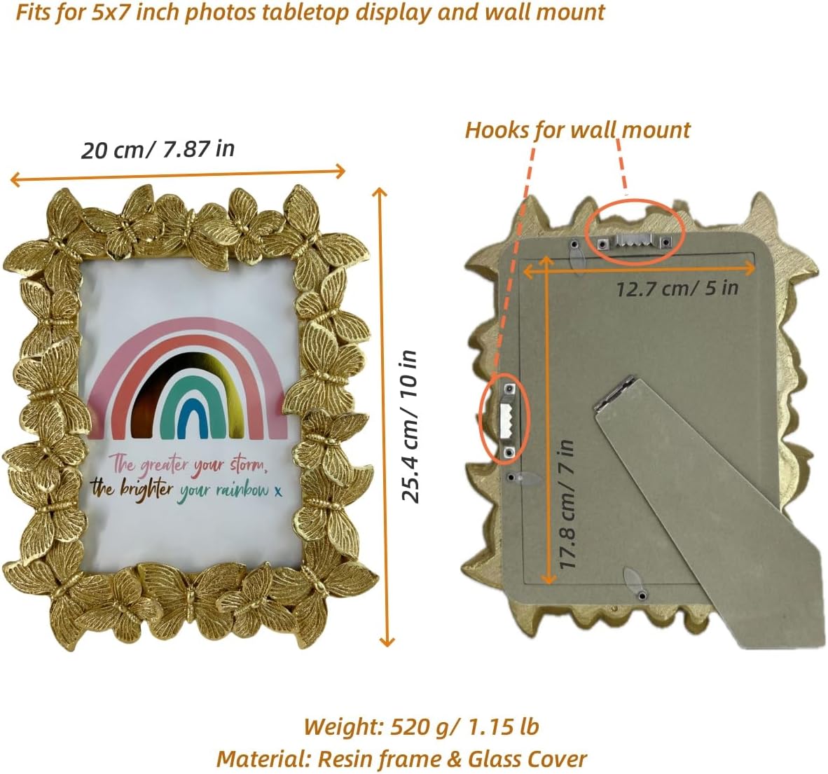 5x7 Antique Gold Glitter Butterfly Picture Frame 5 x 7 Vintage Photo Frames for Tabletop Display and Wall Mount Vertical Horizontal