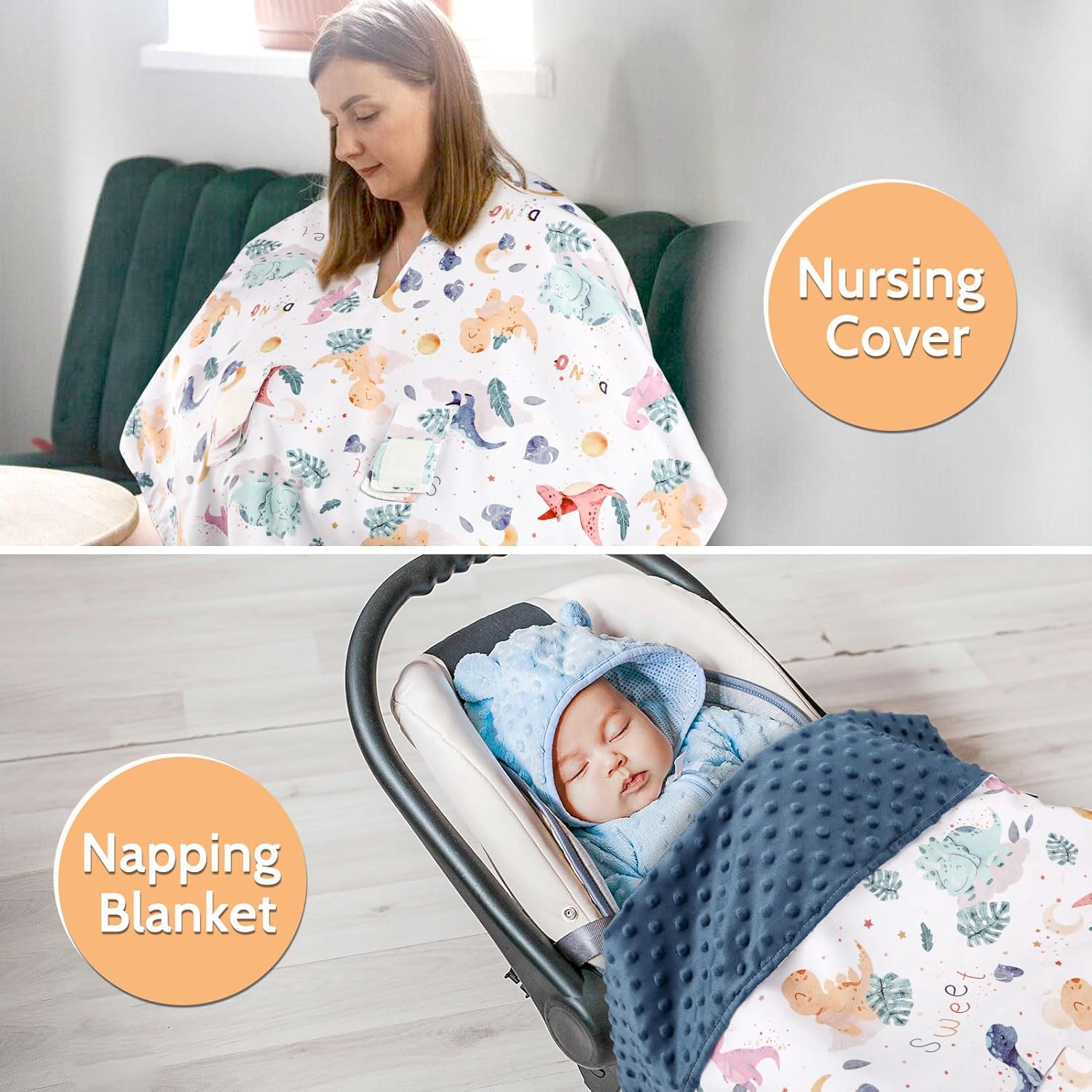 DILIMI Nursing Pillow Cover, Baby Car Seat Cover, Cute Dinosaur